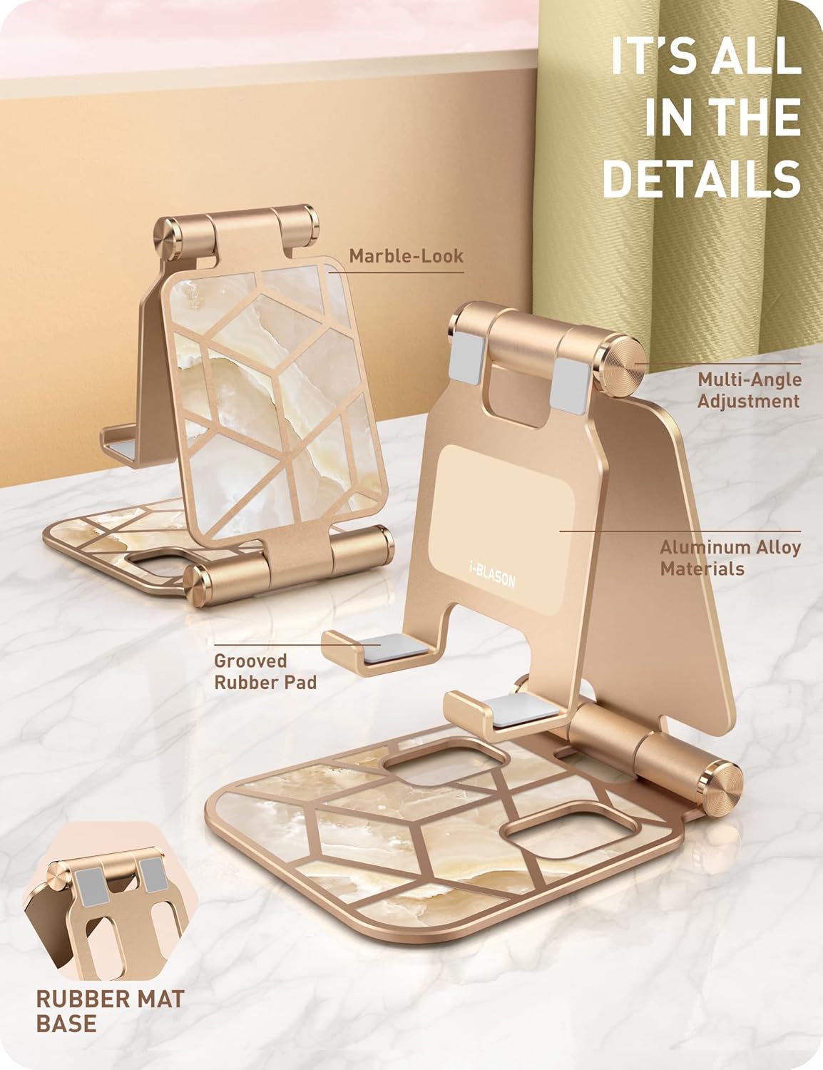 i-Blason Cell Phone Stand for Desk, Cell Phone Holder, Fits All Smart Phones, iPhone 16 15 14 13 Pro Max, Foldable Phone Stand Holder, Gold