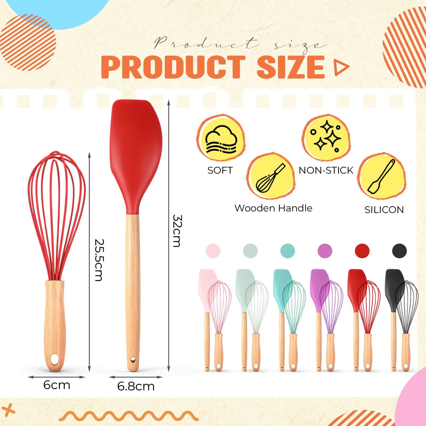 Funnymoom 12 Pcs Small Silicone Whisks and Spatulas with Wooden Handle for Cooking 10 Inch Mini Whisk Spatula Non Stick Kitchen Baking Essentials Cookware for Valentines Day Party Favor Gift Supplies