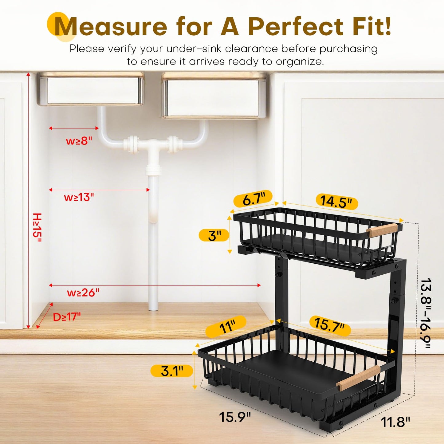 ZELOREA Under Sink Organizer, Heavy-Duty & Rust-Resistant Carbon Steel Metal, 2 Tier Pull Out Under Bathroom Sink Storage, Adjustable Height (13.8" -16.9"), Organizer for Kitchen Cabinet(2PCS,Black)
