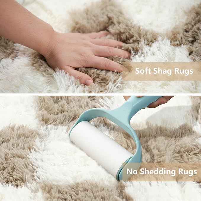 Large Shag Area Rug for Bedroom, 9x12 Ft Beige and White Area Rug Classic Checkered Shaggy Anti-Skid High Pile Soft Fluffy Rug Fuzzy Carpet for Living Room Bedroom Kids Room Nursery, Dorm Home Decor