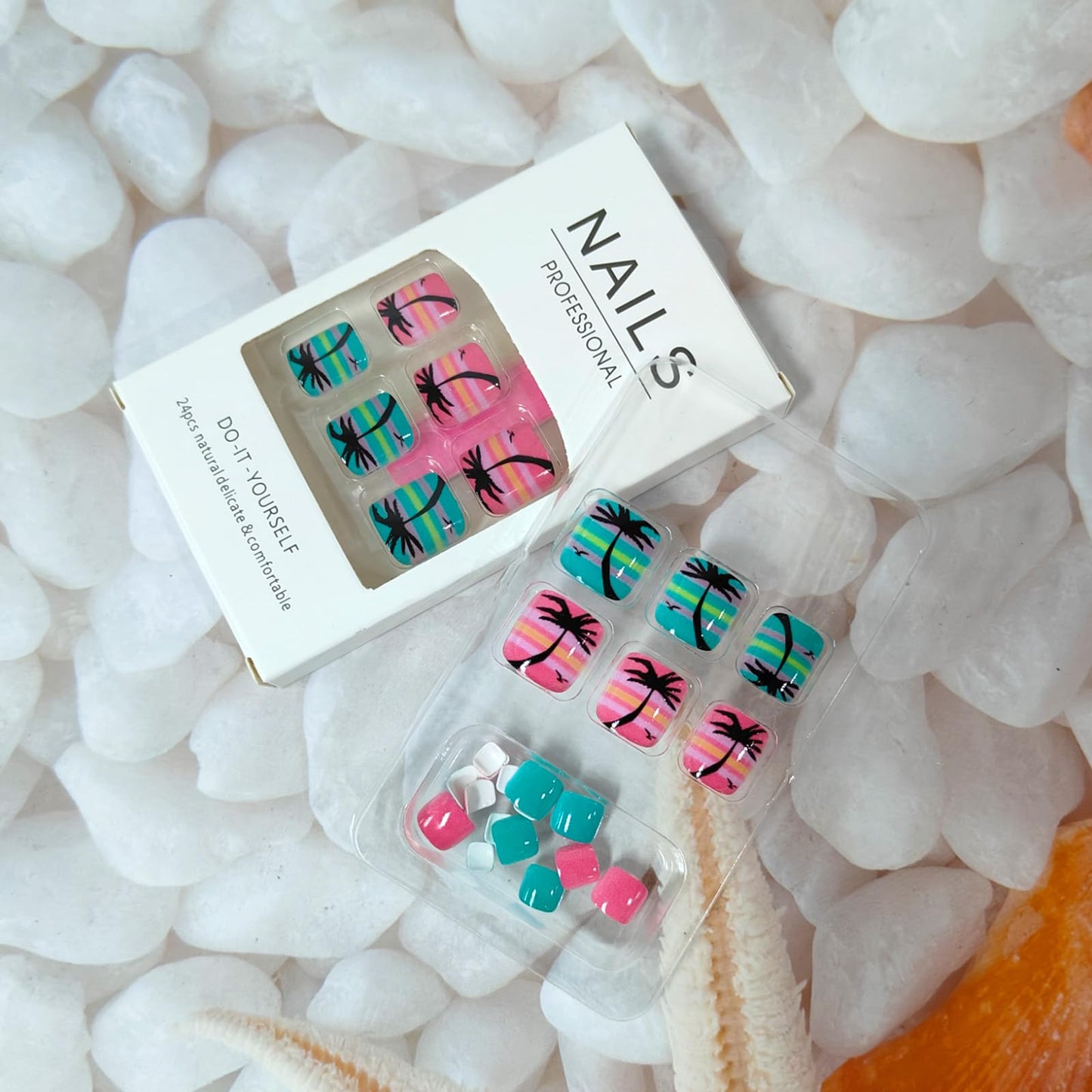 24Pcs Summer Beach Press on Toenails Short Square Fake Toe Nails with Coconut Tree Bird Designs Acrylic False Toenails Blue Pink Glossy Full Cover Glue on Toe Nails Artificial Toenails for Women
