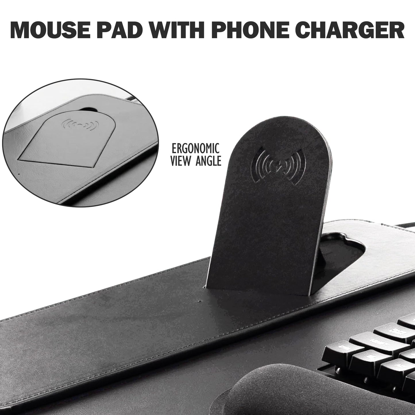 15W Fast Charging Desk Mouse Pad,View Angle Ergonomic Foldable Magnetic Phone Charger,35.4x15.7in PU Leather Large Wireless Charging Desk Mat with Keyboard & Mouse Wrist Rest for Gaming,Office,Mac