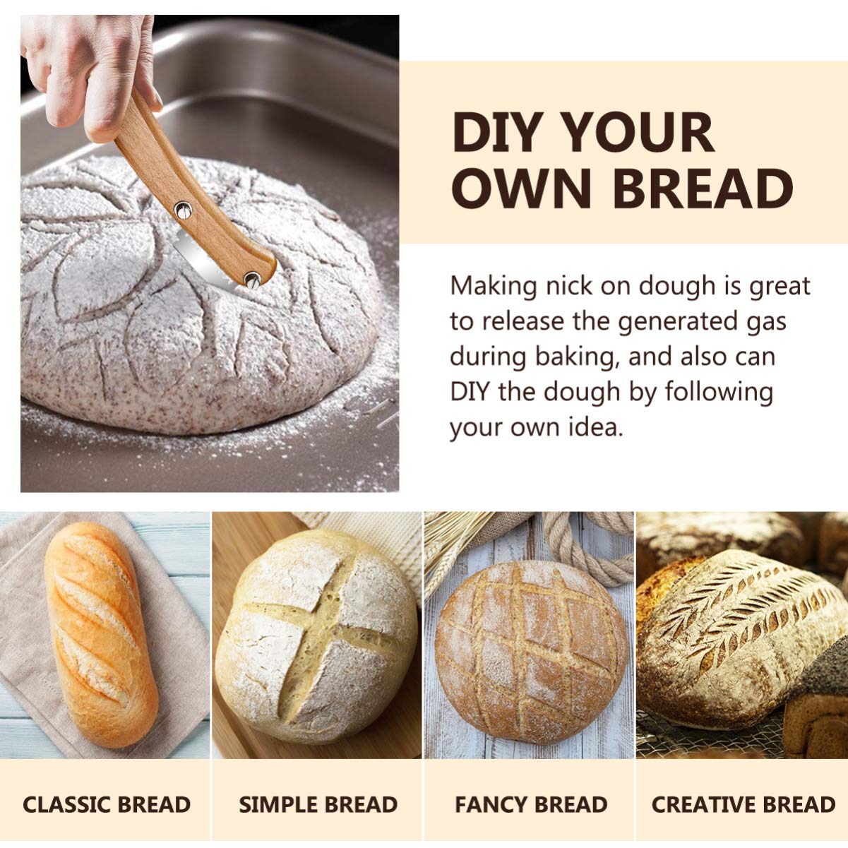 Healeved Bread Lame Dough Scoring Tool Van Wooden Handle 5 Blades, Creative Bread Scoring Tool Bread Slicer Cake Cutter, Acid Dough Bread Blades with Protector Cover