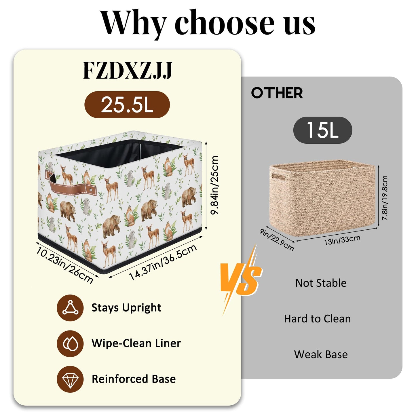 Rectangular Kids Bear Storage Basket Bins - Waterproof Foldable Woodland Animals Storage Box with Sturdy Metal Frame and Handles, Collapsible Organizer for Toys, Blankets in Kids Room Playroom Nursery