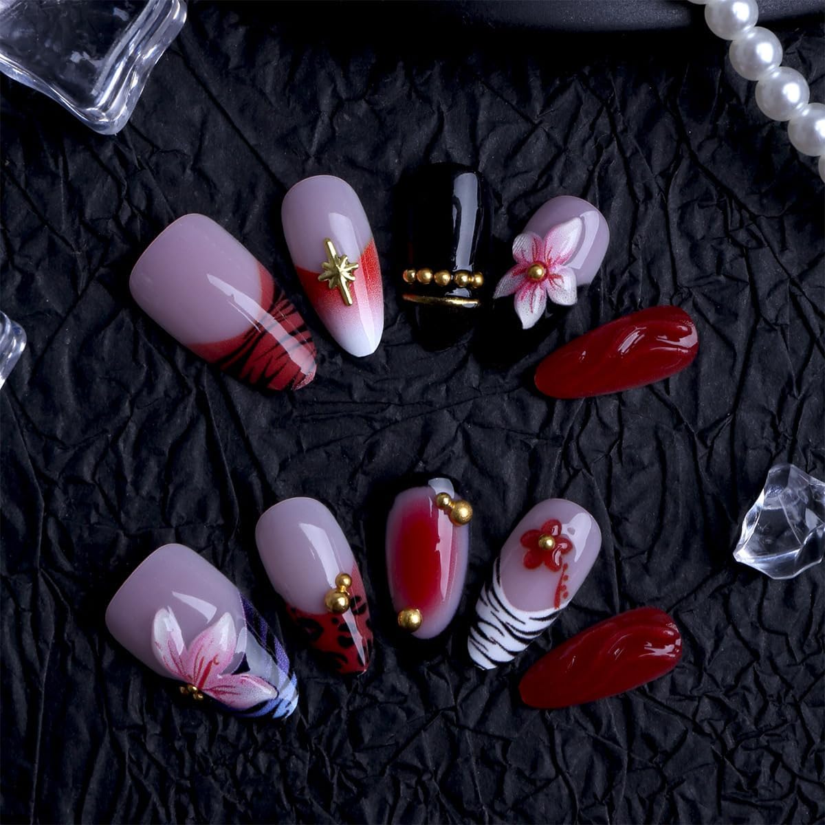 plalely Stiletto Press on Nails Long Red Fake Nail Zebra StripeAcrylic Nail Press ons with 3D Flower DesignStick on Nails for Women 24pcs