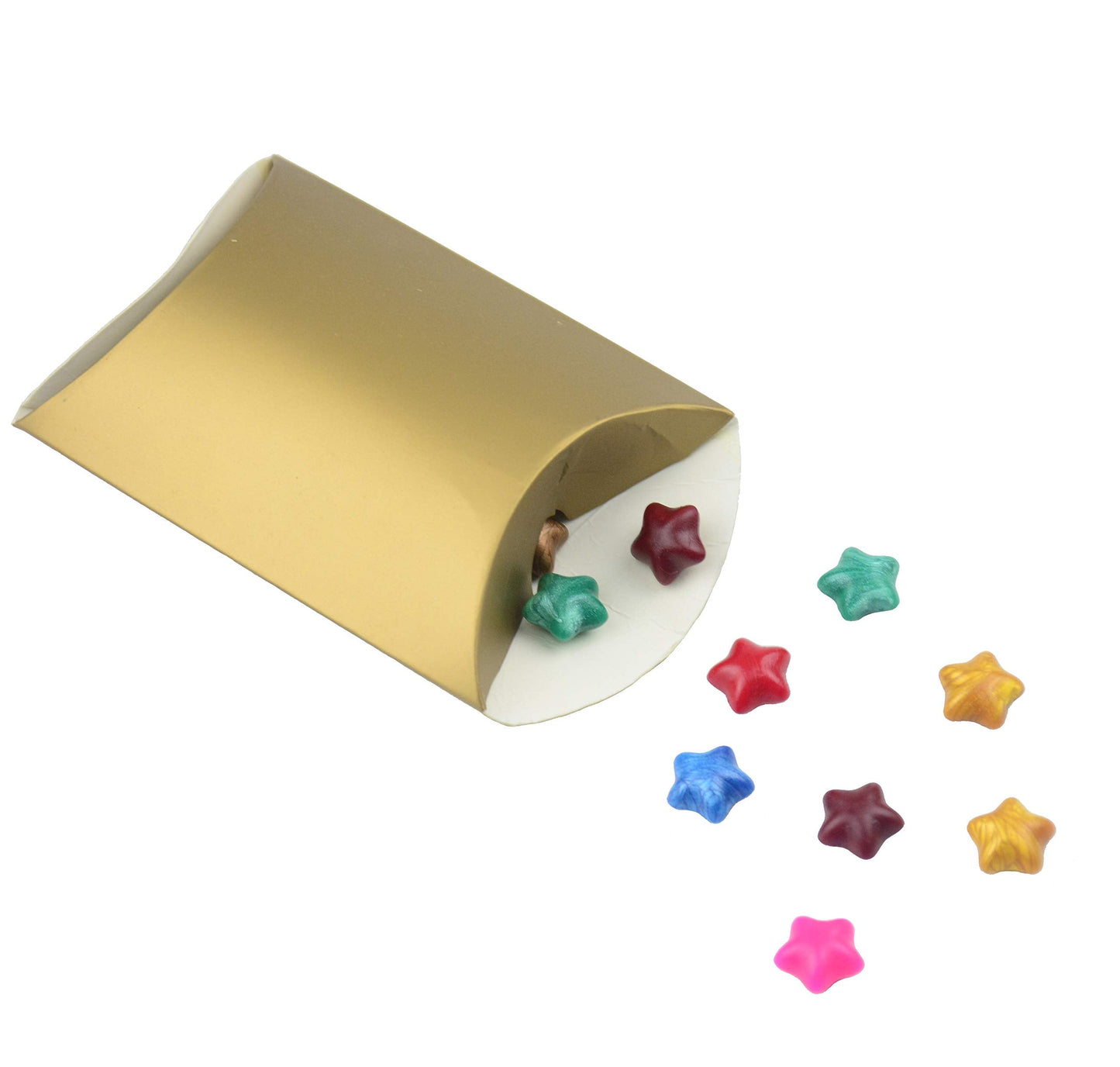 Aokbean 100 Pack Mini Pillow Candy Box Small Gift Boxes with 50 Yards Ribbon for Christmas Wedding Party Favor Gift, Jewelry or Soap Packaging (Gold)