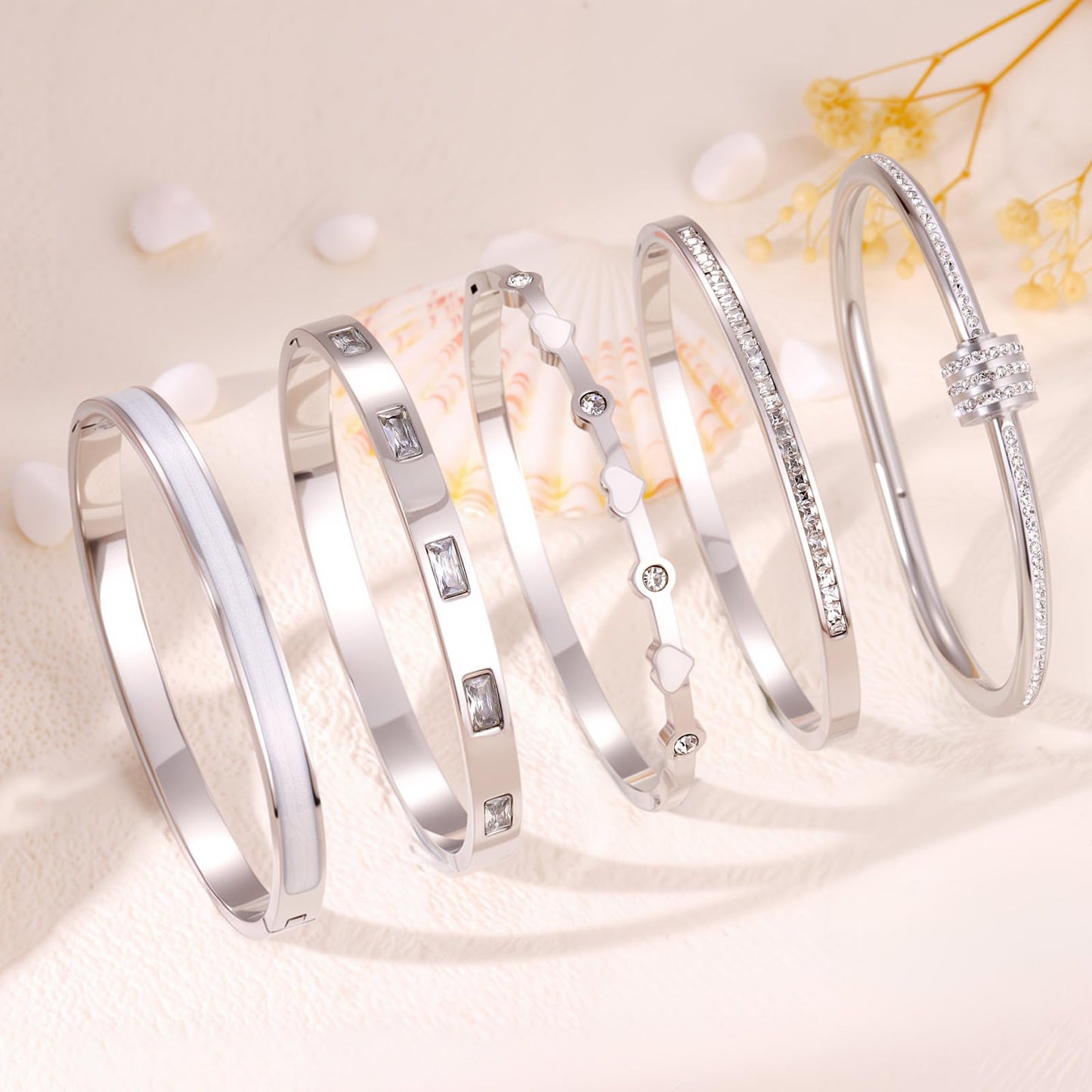 Camhanno 5-Piece Stackable Silver Bangle Bracelet Set for Women - Stainless Steel with Pink Crystal Friendship & Love Heart Bracelet Jewelry Gift for Her (Silver+White)