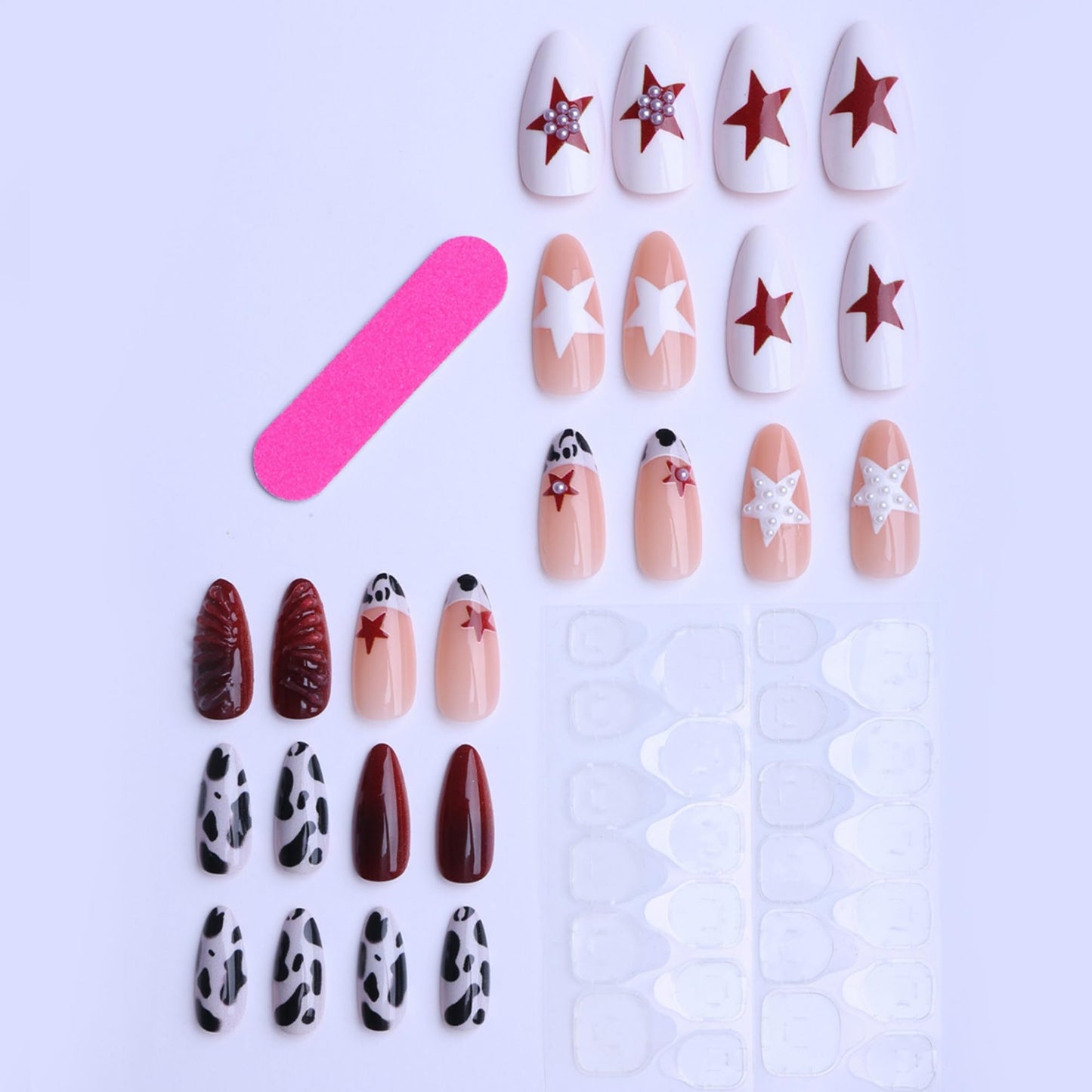 octoswave Press on Nails Medium Almond Fake Nails y2k French Artificial Nail with Stars and Spot Nails for Women 24pcs