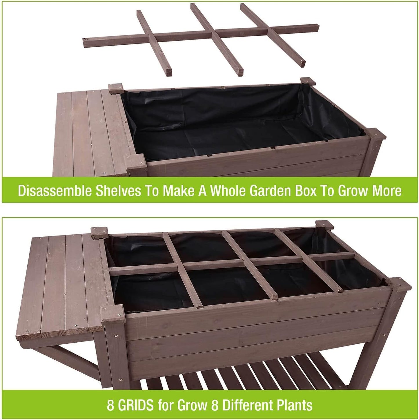 GUTINNEEN Raised Garden Bed Outdoor with 8 Planter Boxes Wooden Elevated Garden Bed with Legs Wheels Side Workbench and Storage Shelf for Plants Vegetables Flowers Herbs