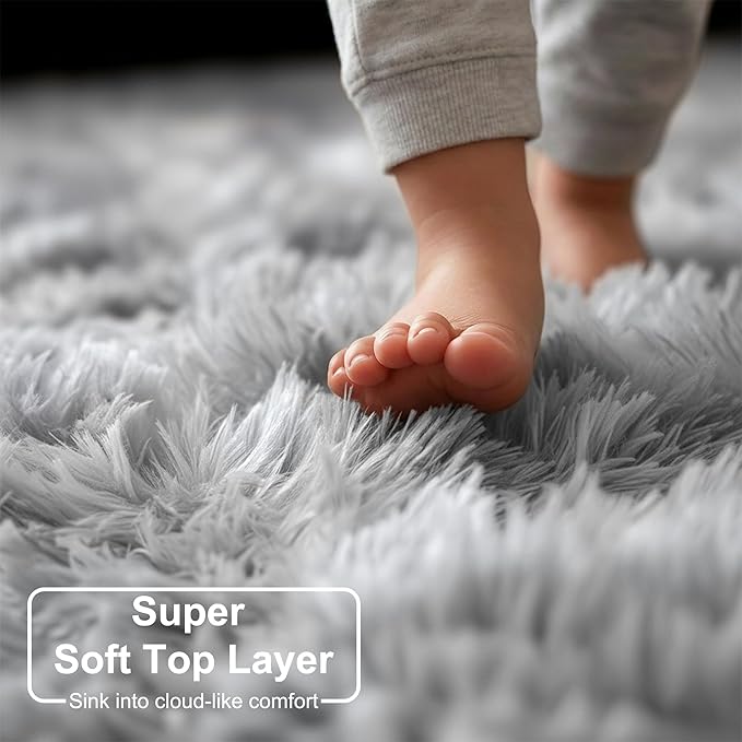 Amdrebio Tie-Dye Light Grey Round Circle Area Rugs 5Ft for Living Room Bedroom, Soft Fluffy Fuzzy Shag Rug for Kids Room Home Office, Furry Plush Indoor Floor Shaggy Gray Carpet for Baby Nursery Dorm