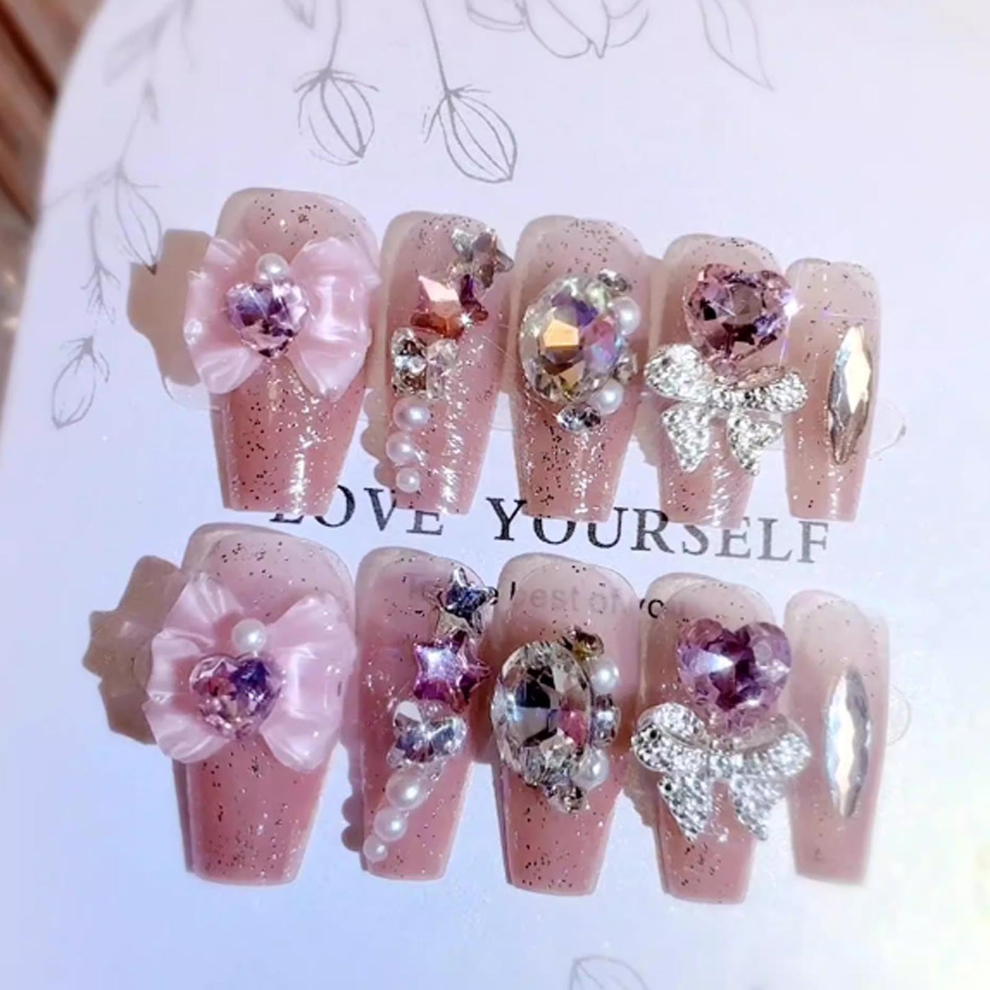 Hkanlre 3D Press on Nails Medium Fake Coffin Nails Tips Full Cover Luxury False Nails for Women and Girls 24PCS
