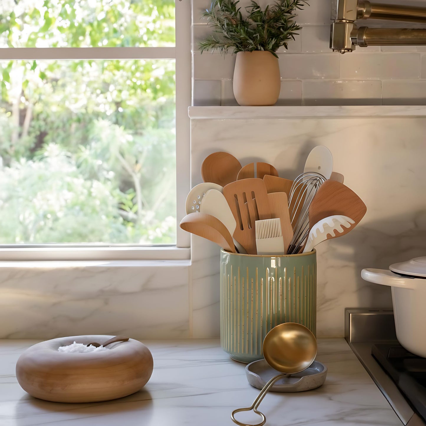 JIEMEI HOME Kitchen Utensil Holder, Ceramic Stable Utensil Crock for Countertop, 7.2" Large Utensil Organizer with Cork Mat, Removable Bamboo Divider for Kitchen Décor and Accessories, Wild Sage Earth