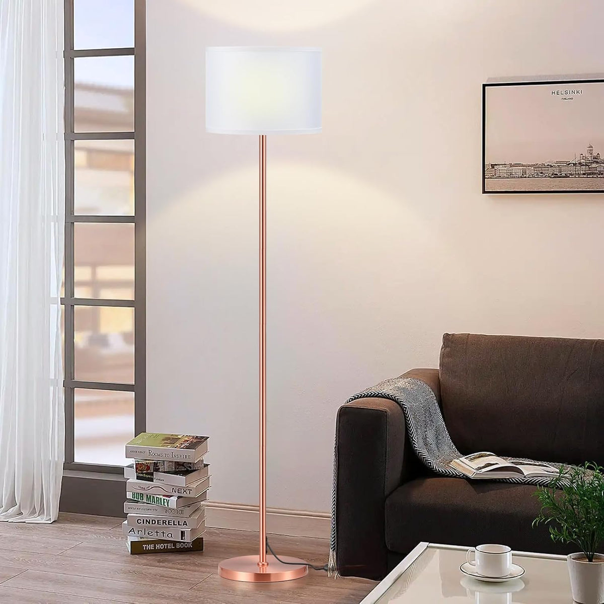 Ambimall 60'' Modern Floor Lamp with Shade, Tall Lamps for Living Room, Bedroom, Office, Dining Room, White Shade with Rose Gold Pole(Without Bulb)