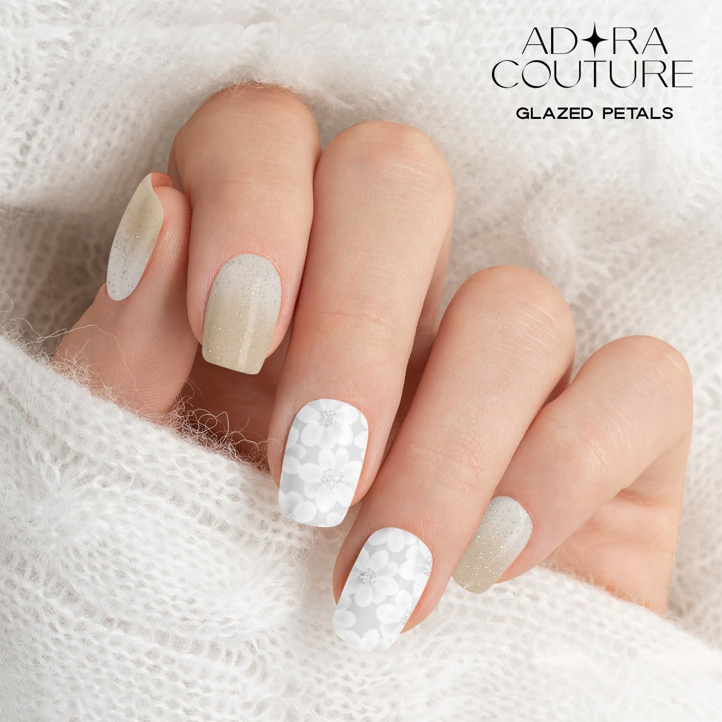 Adora Couture Semi Cured Gel Nail Strips with 20 Pieces - UV Gel Stickers, Manicure Kit, Easy Application Wraps Includes Prep Pads, Nail File, Wooden Stick - UV Light Required (Glazed Petals)