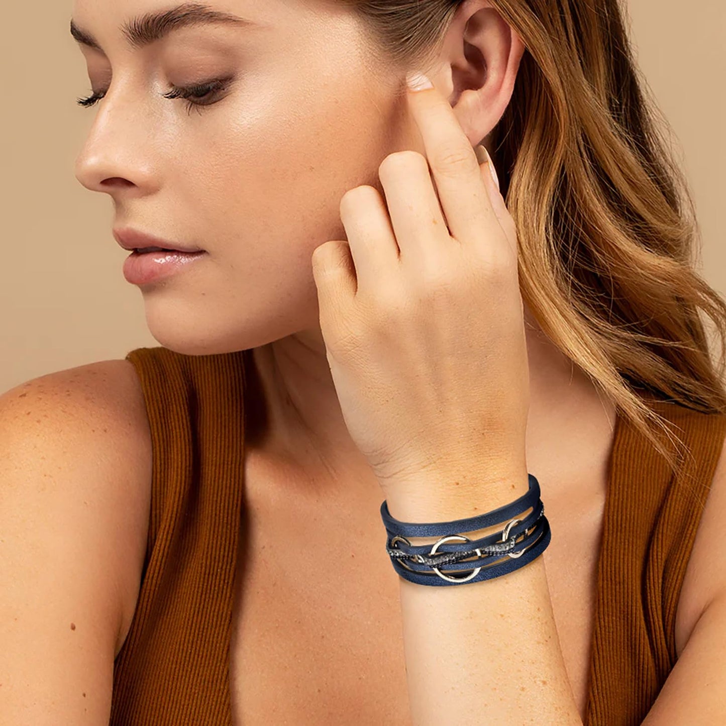 Leopard Bracelet for Women, Boho Leather Wrap Multi-Layer Pearl Crystal Bracelet Bangle Jewelry(Three Circle(Blue))