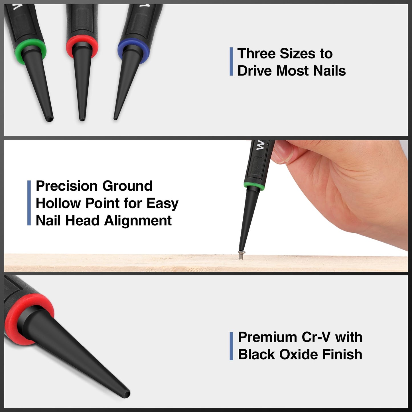WORKPRO 3-Piece Nail Punch Set, Includes 1/32", 1/16", 3/32" Nail Setter, Color Coded Nail Set Tool with Shock-Absorbing Grip