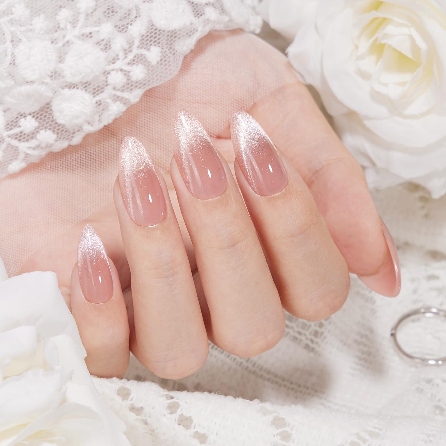 VSALON Press On Nails Almond Medium, Cat Eye French Tip Nude Pink Sparkly Fake Nails With UV Glue Reusable Semi-transparent Spring Wedding Stick On Nails 32 Pcs 16 Sizes
