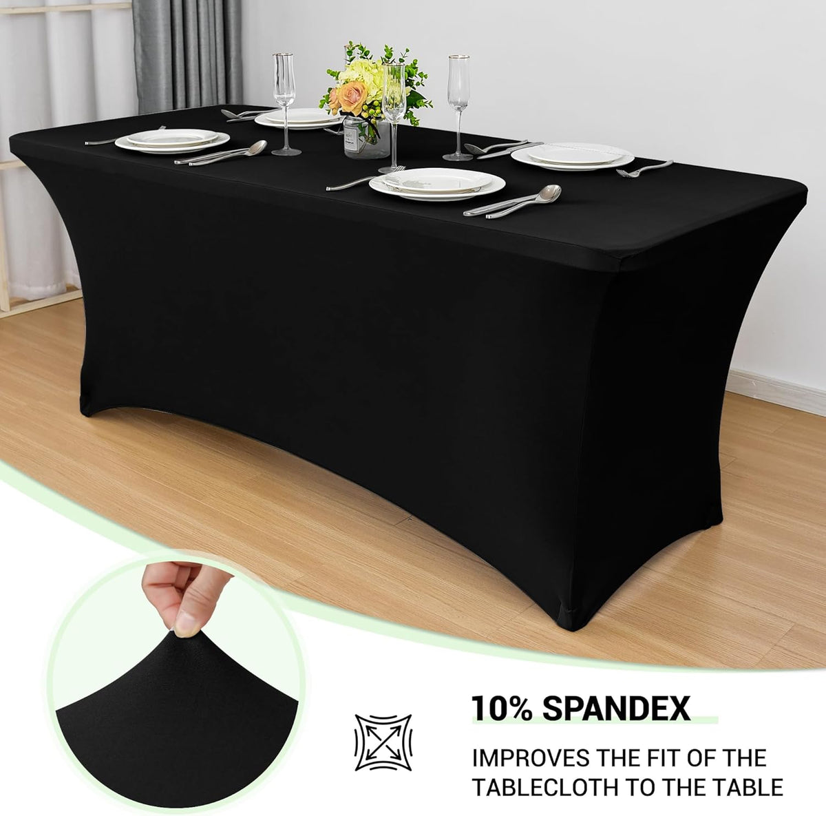 Obstal 6ft Stretch Black Spandex Table Cloth for Standard Folding Tables - 2 Pack Universal Rectangular Fitted Tablecloth Protector for Wedding, Trade Show, Vendor Stand