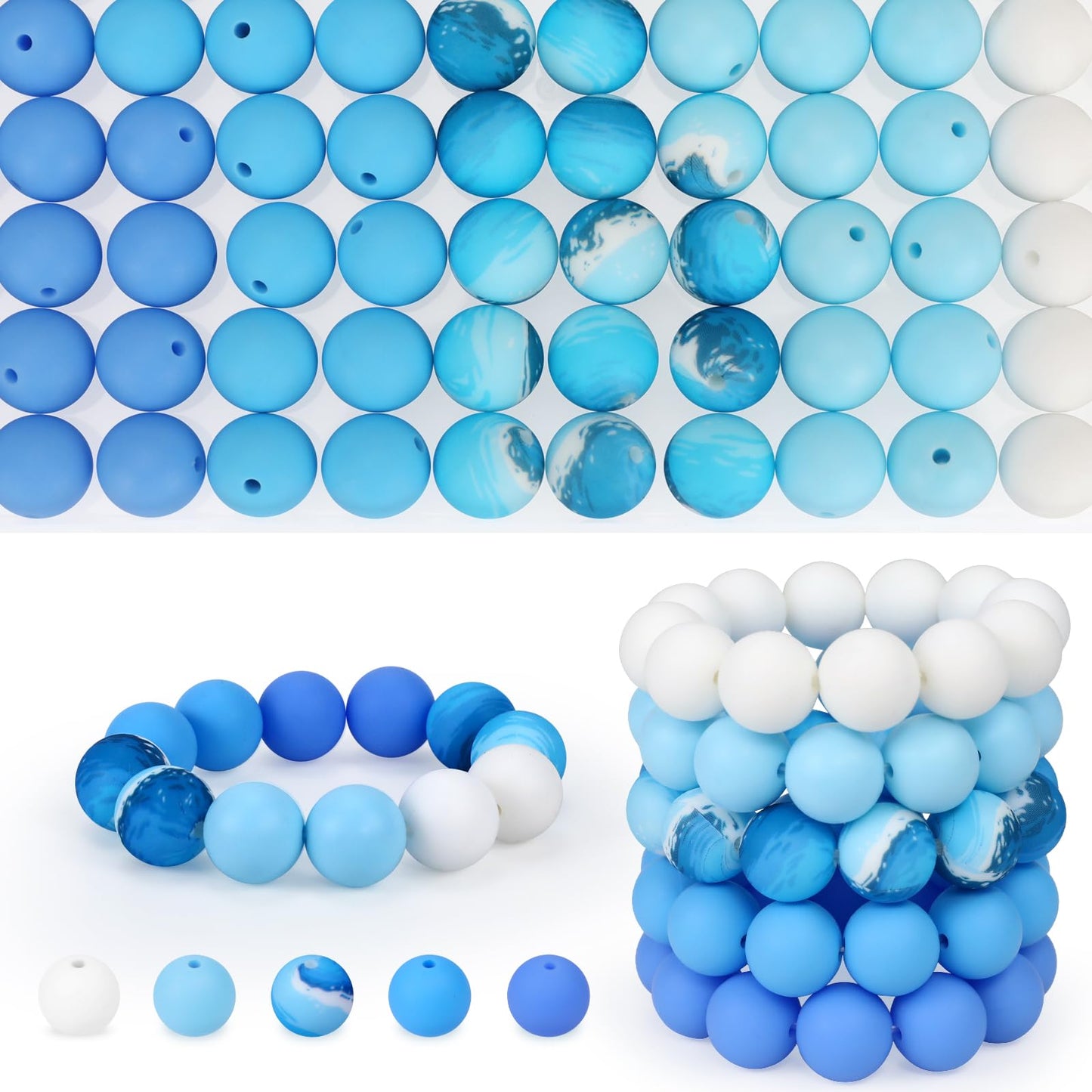 SALUOKE 100 Pcs 15mm Silicone Beads for Keychain Making, Pink Gream Silicone Beads Bulk Round for Bracelets Pens Crafts Jewelry Making (Blue White)