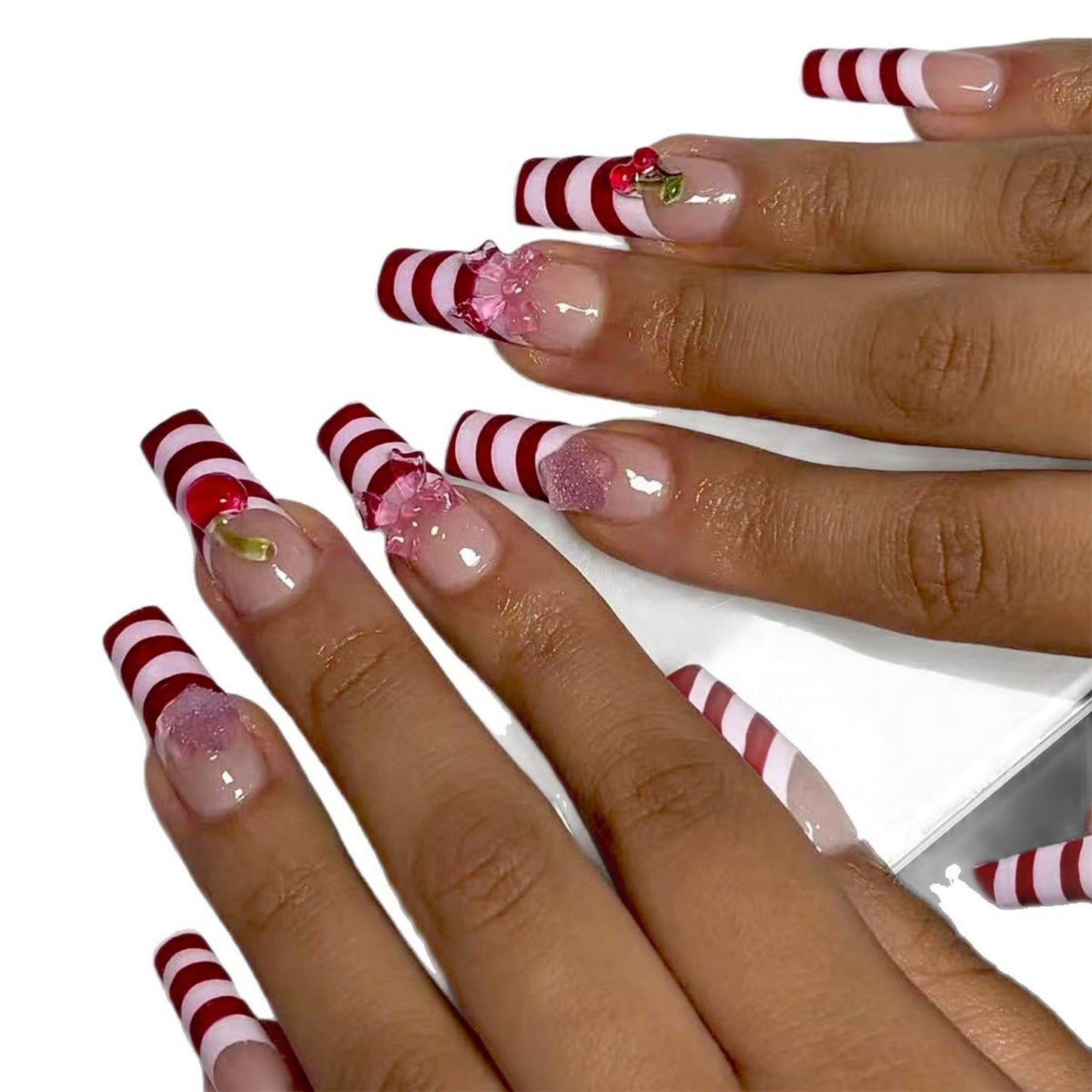 Long Press on Nails Square Fake Nails Red Artificial Nail Candy Stripe Cherry Bow Glitter Accent Glossy Stick on Nail Sweet Holiday Party Look for Women 24pcs