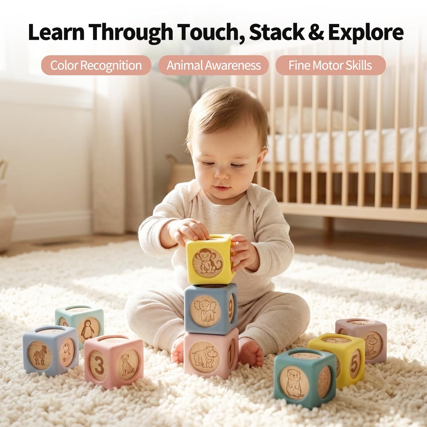 Little Rawr 9 Pcs Baby Silicone & Wooden Stacking Blocks, Food-Grade Silicone Baby Toy with Natural Wood Inserts, Soft Chewable Montessori Blocks for Toddlers, Animal Learning Toy