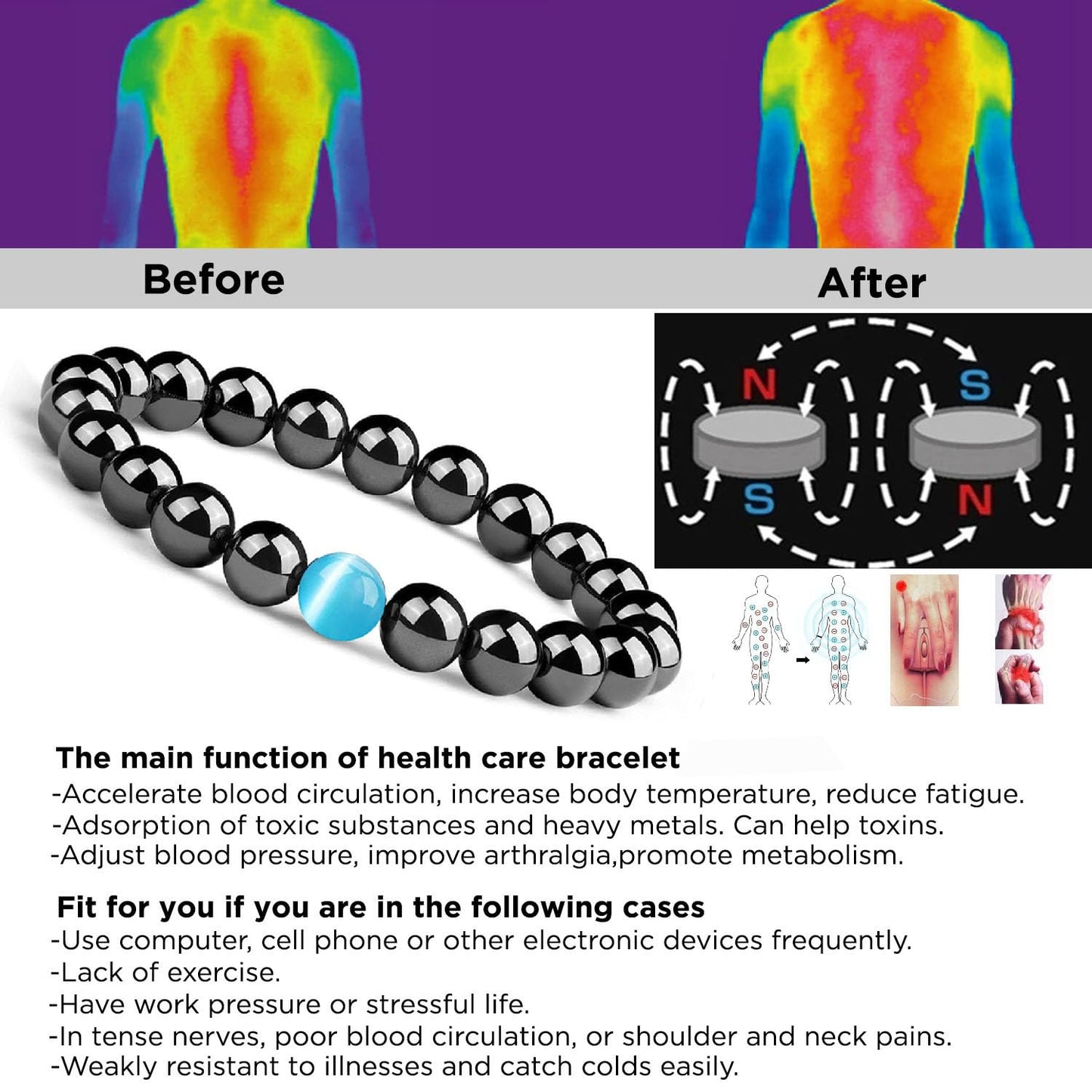 STCORPS7 Magnetic Bracelet Arthritis, Energy Healthy Jewelry, Therapy for Sleep, Crystal Bracelets Bring Luck, Prosperity and Happiness (3Pcs Hematite+Blue), 9.4 inch