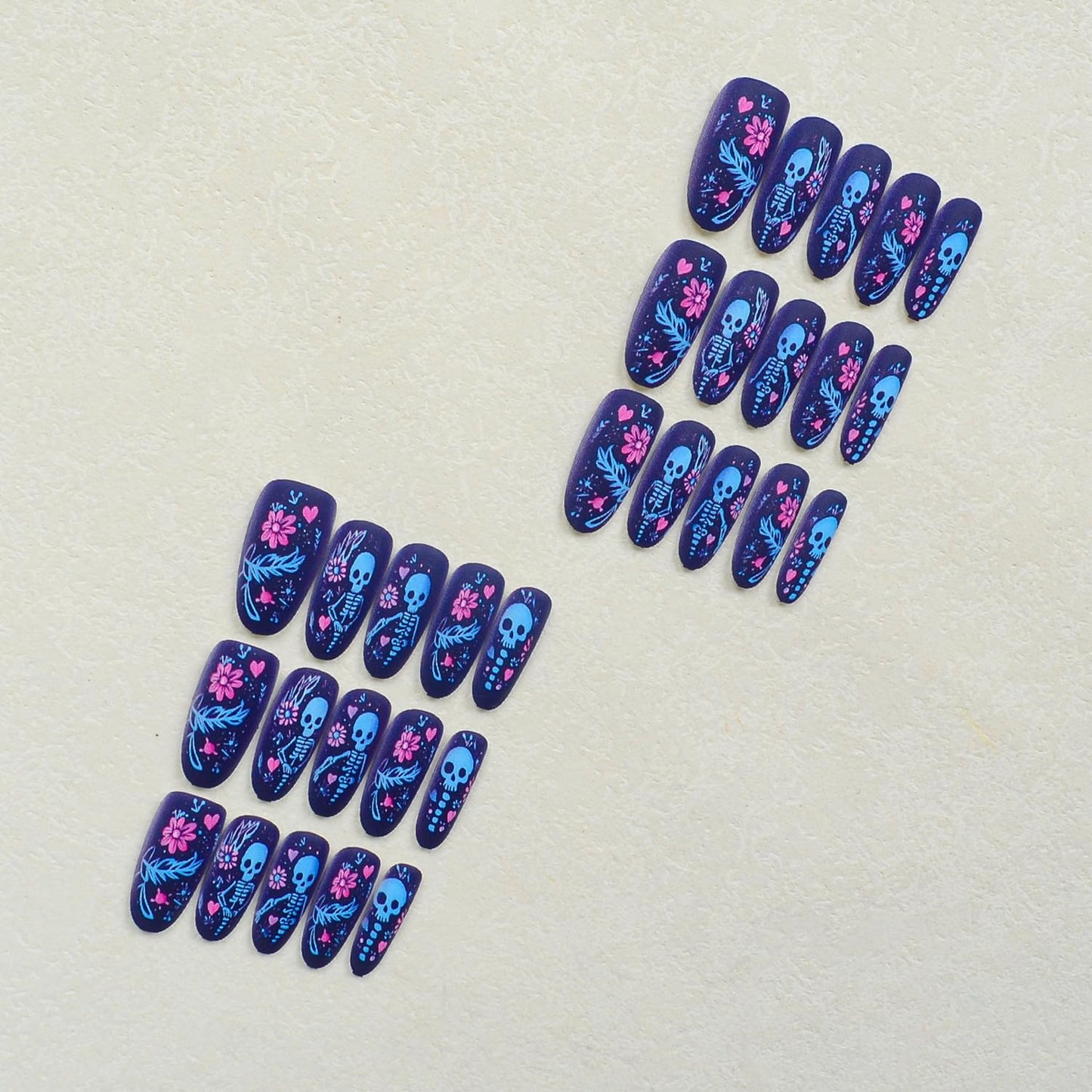 Halloween Press on Nails Skull Skeleton Acrylic Glue on Nail False Nails with Pink Flower & Heart Designs Short Almond False Nail Full Cover Artificial Stick on Nails for Women Nail Art DIY 30 Pcs