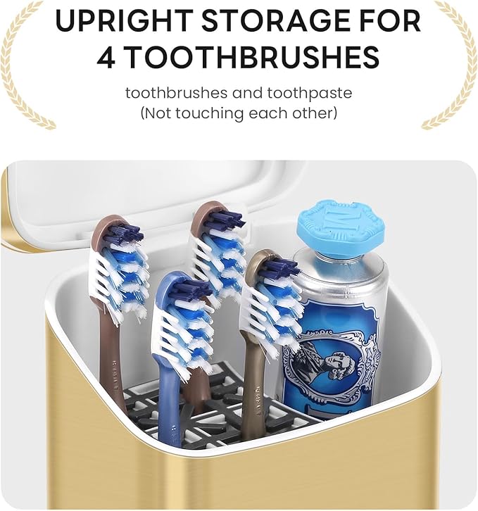 Toothbrush Holder with Cover - 5 Slots Toothbrush Holders for bathrooms, Detachable Bathroom Caddy Organizers and Storage Kids Tooth Brush and Toothpaste Holde, Gold