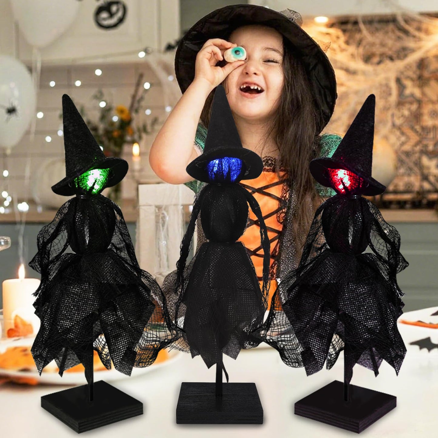 DIYDEC Witch Indoor Decorations 3pcs Halloween Witch on Wooden Stand With Light Up Halloween Table Centerpieces Signs for Home Shelf Mantels Kitchen Indoor Decorations Gifts