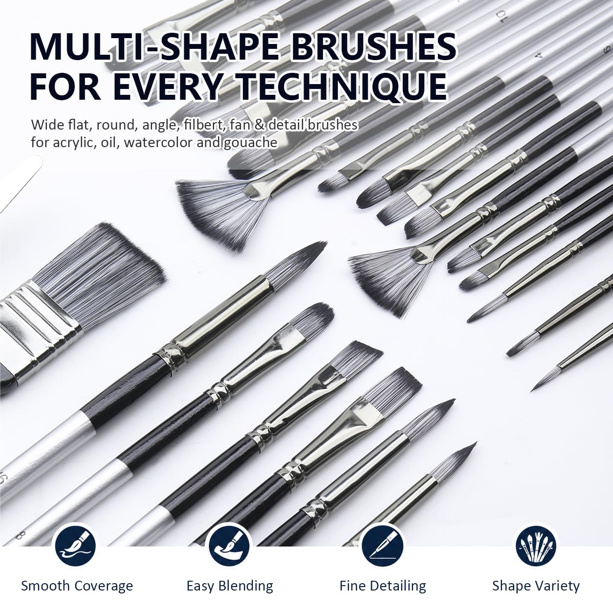 JYN-ANREN 24Pcs Multi-Shape Paint Brushes Set for Acrylic, Oil, Watercolor & Gouache with Palette Knife and Waterproof Canvas Roll, Synthetic Bristles Art Supplies for Artists & Beginners