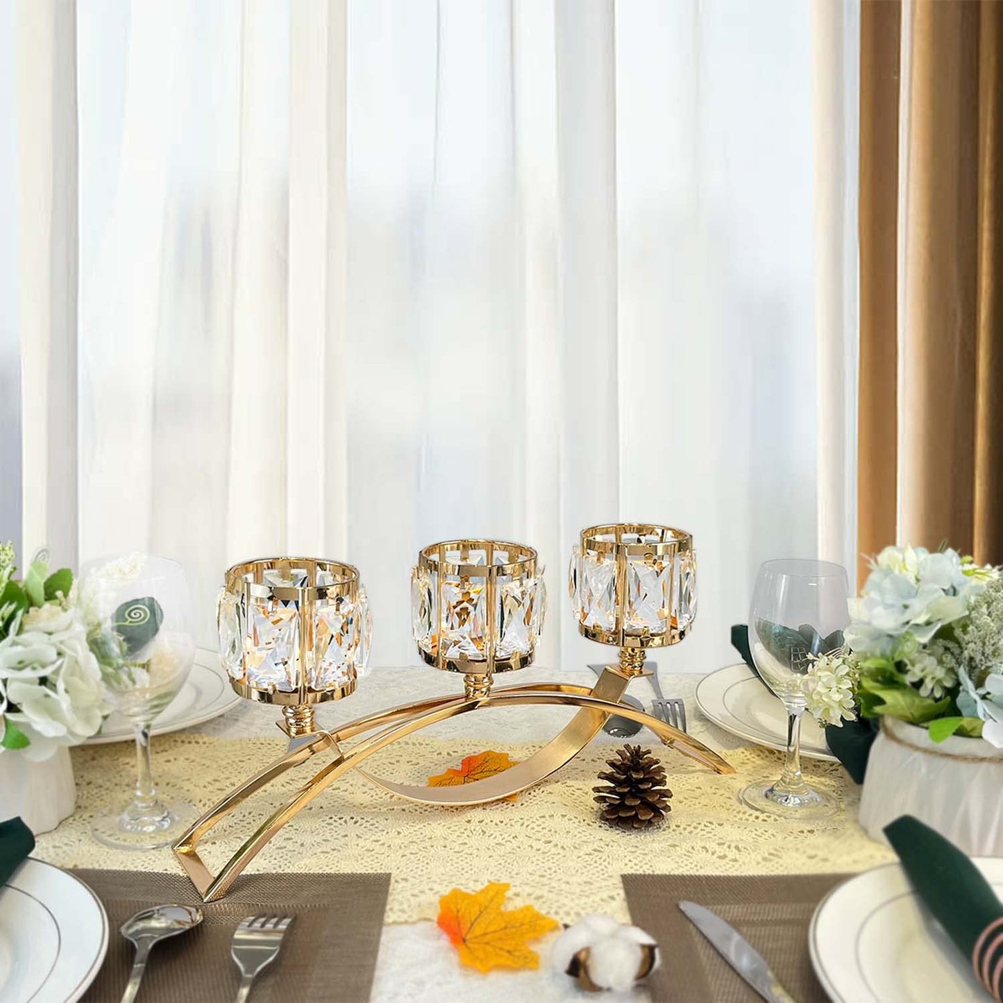 KEHAIL 3 Arms Crystal Candle Holders, Arch Candlestick Table Candelabras Centerpieces for Wedding, Dinning Room, Cabinet Ornaments, Home Decoration， Gift (3-arm Arched, Gold)