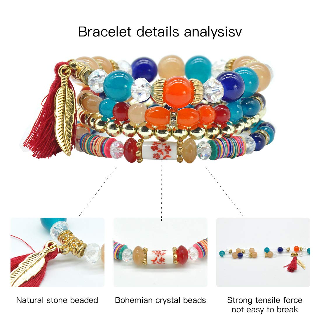 VONRU Bohemian Bracelet Sets for Women 6 Stackable Stretch Bracelets Multi-color Boho Jewelry Hippie Dainty (Bohemian stackable bracelet)