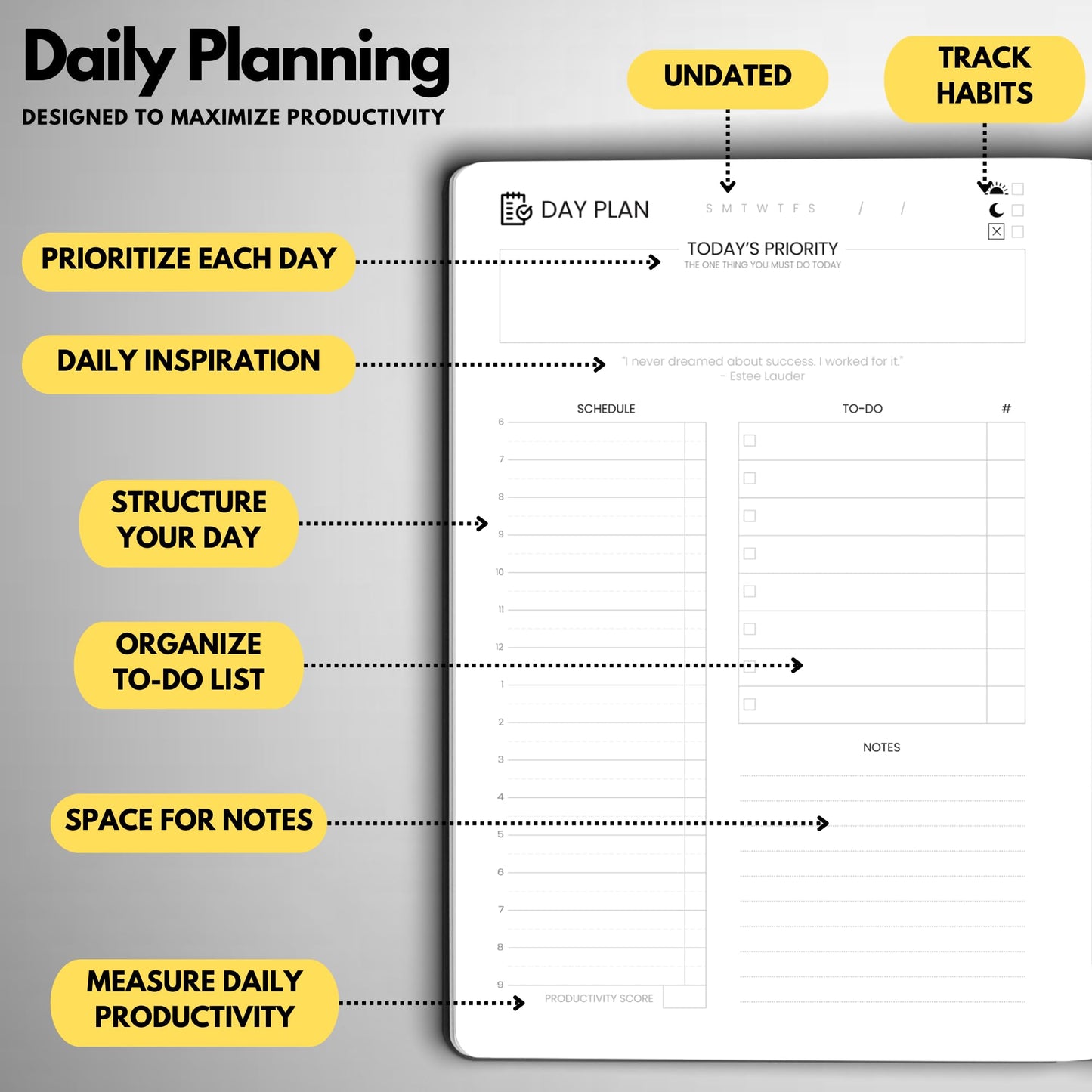 Wyze Planner Undated Daily Planner – 6-Month A5 Productivity Organizer with Full Page Per Day, Hourly Schedule, Goal Setting, Habit Tracker, Weekly & Monthly Pages – Hardcover Time Management Notebook (Gray)