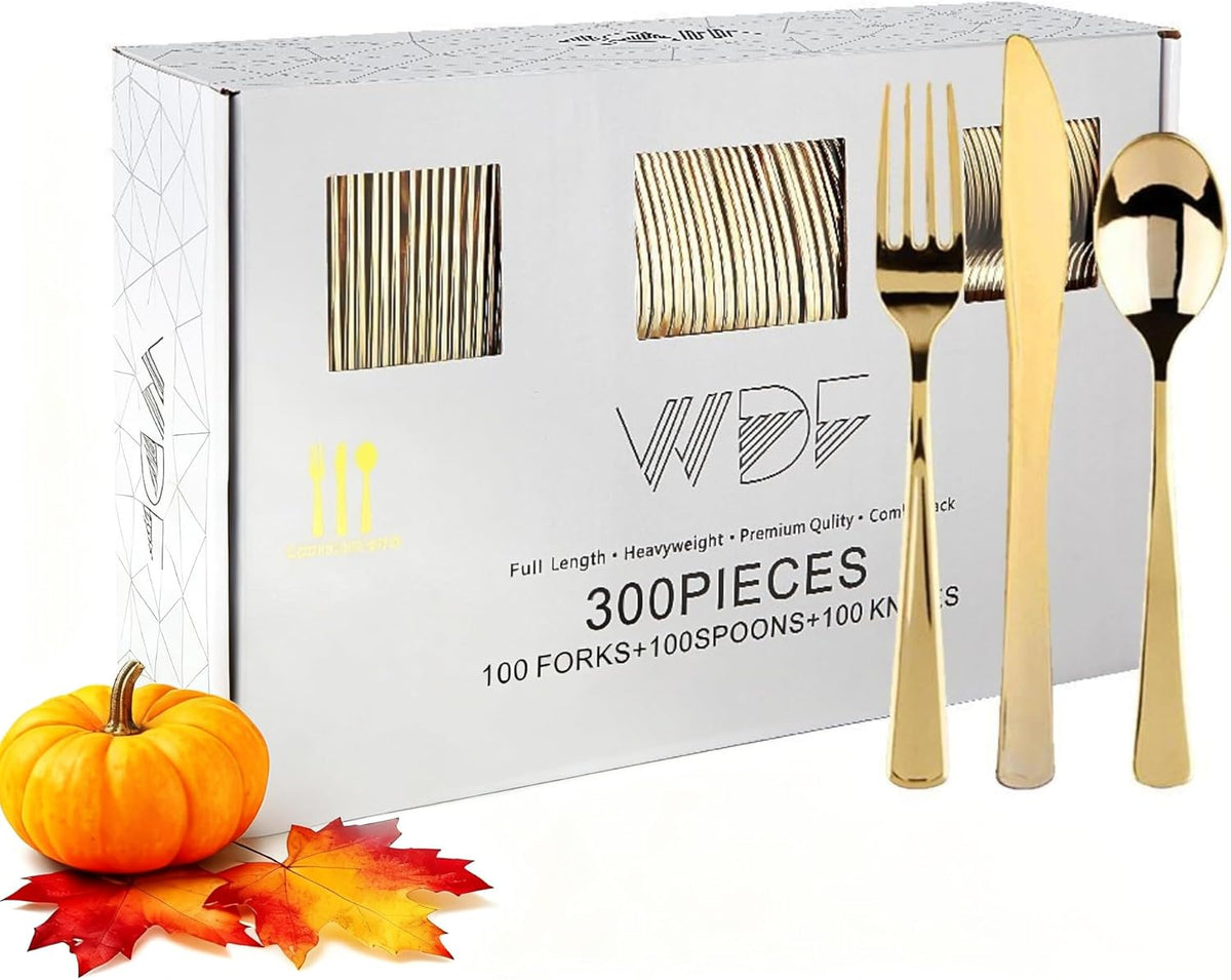 WDF300 Pieces Gold Plastic Silverware - Heavy Duty Disposable Cutlery Set Plastic Gold Silverware Set Includes 100 Forks, 100 Spoons, 100 Knives for Party/Thanksgiving