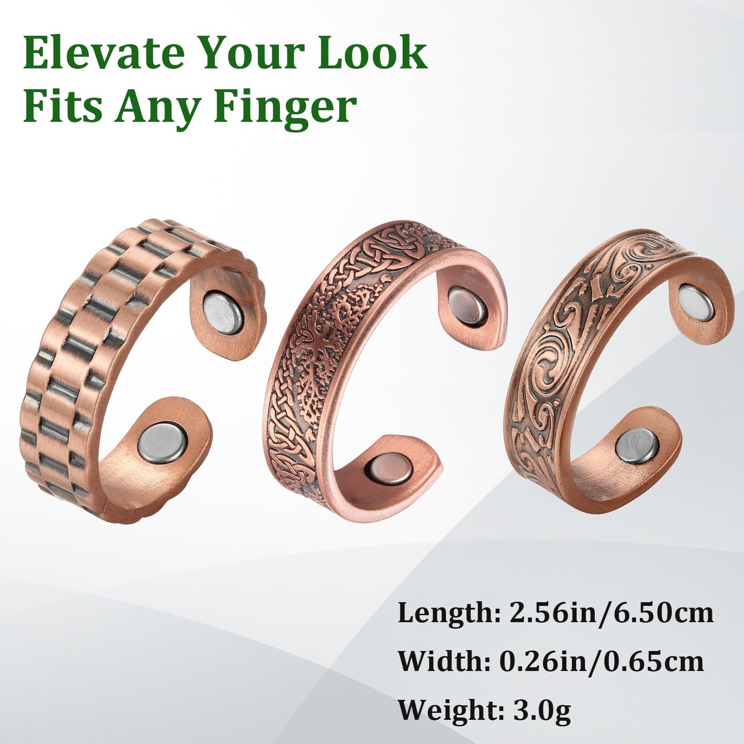 Fashtour 3 Copper for Men, 99.99% Solid Pure Copper, 3pcs 3500 Gauss #9 Tree of Life Vintage Pattern Adjustable Cuff
