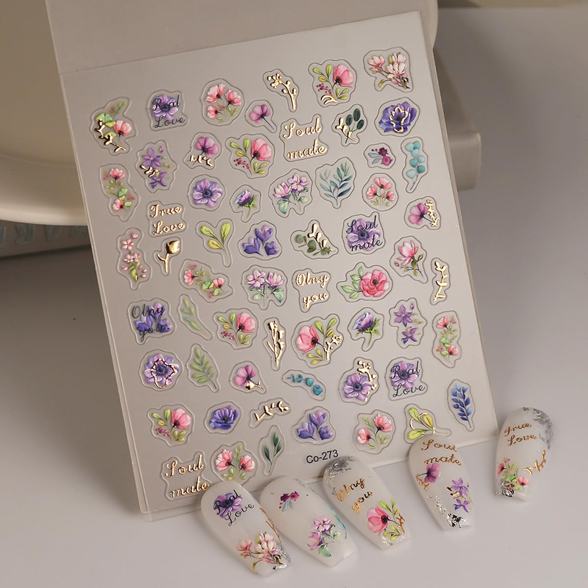 HPYFOI 5D Embossed Floral Nail Stickers, Self-Adhesive Vinyl, Style-34, Botanical Theme, 1 Sheet, Rectangular, Indoor Use, Nail Art Stickers & Decals