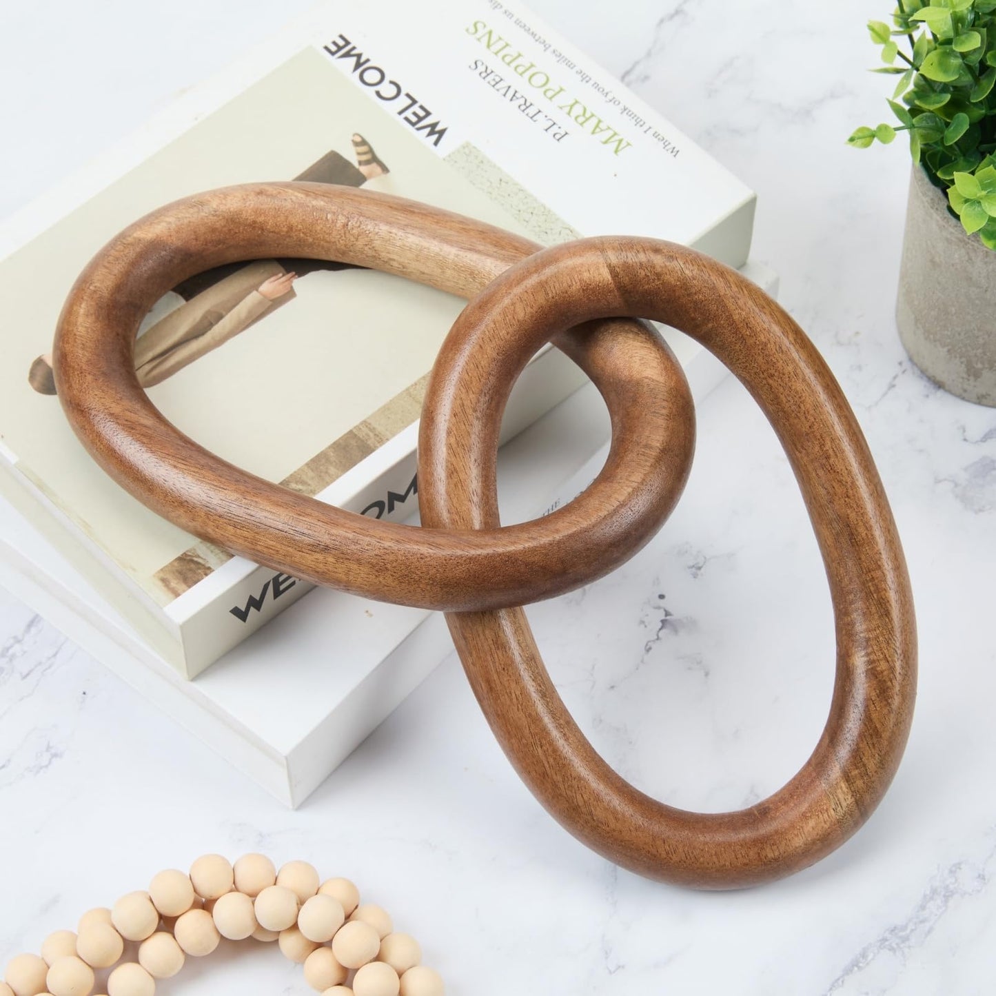 THORNIA Acacia Wood Chain Link Decor, Natural Wooden Knot Shelf Decors for Coffee Table, Bookshelf, Console Table Decorations, Decorative Handcrafted Modern Home Accent, 13x6 Inch