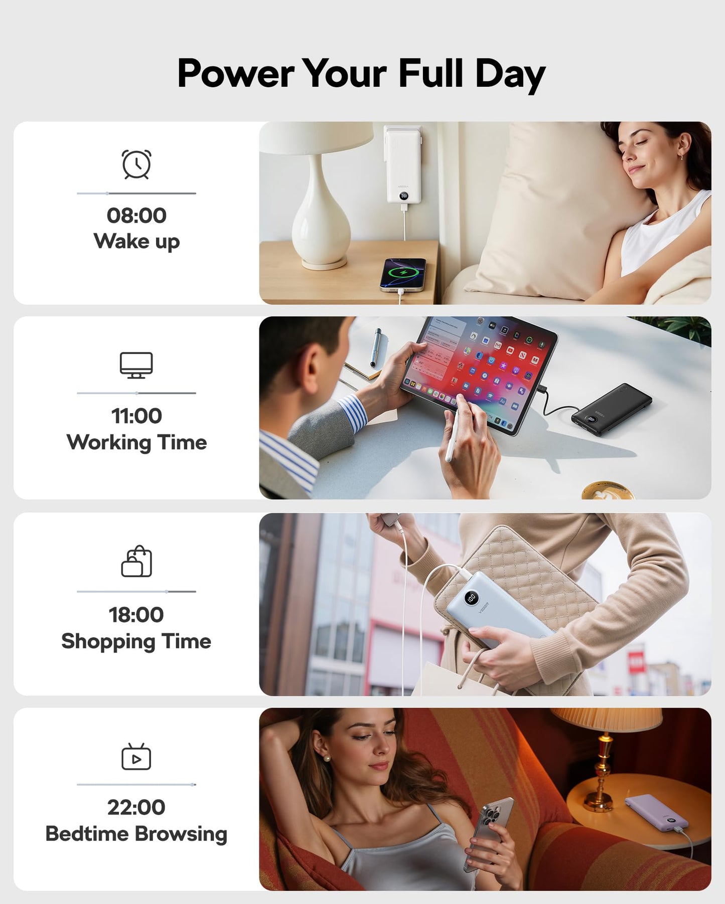 VEGER All in One Travel Portable Charger with Built-in AC Plug & Cables, 10000mAh Slim Power Bank Battery Pack, 15W Fast Charging Compatible with iPhone, Samsung, Android-White