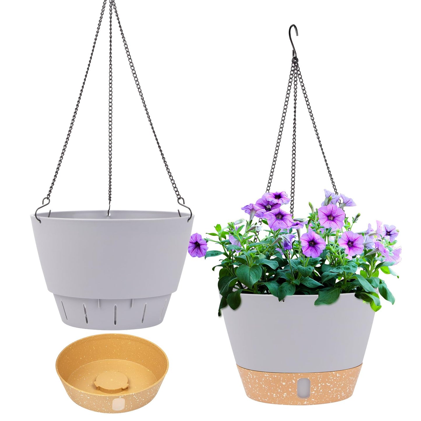 QCQHDU 2 Pack Hanging Planters for Indoor Outdoor Plants, 8 Inch Hanging Baskets Flower Pots with Reservoir Tray & Visible Water-Level