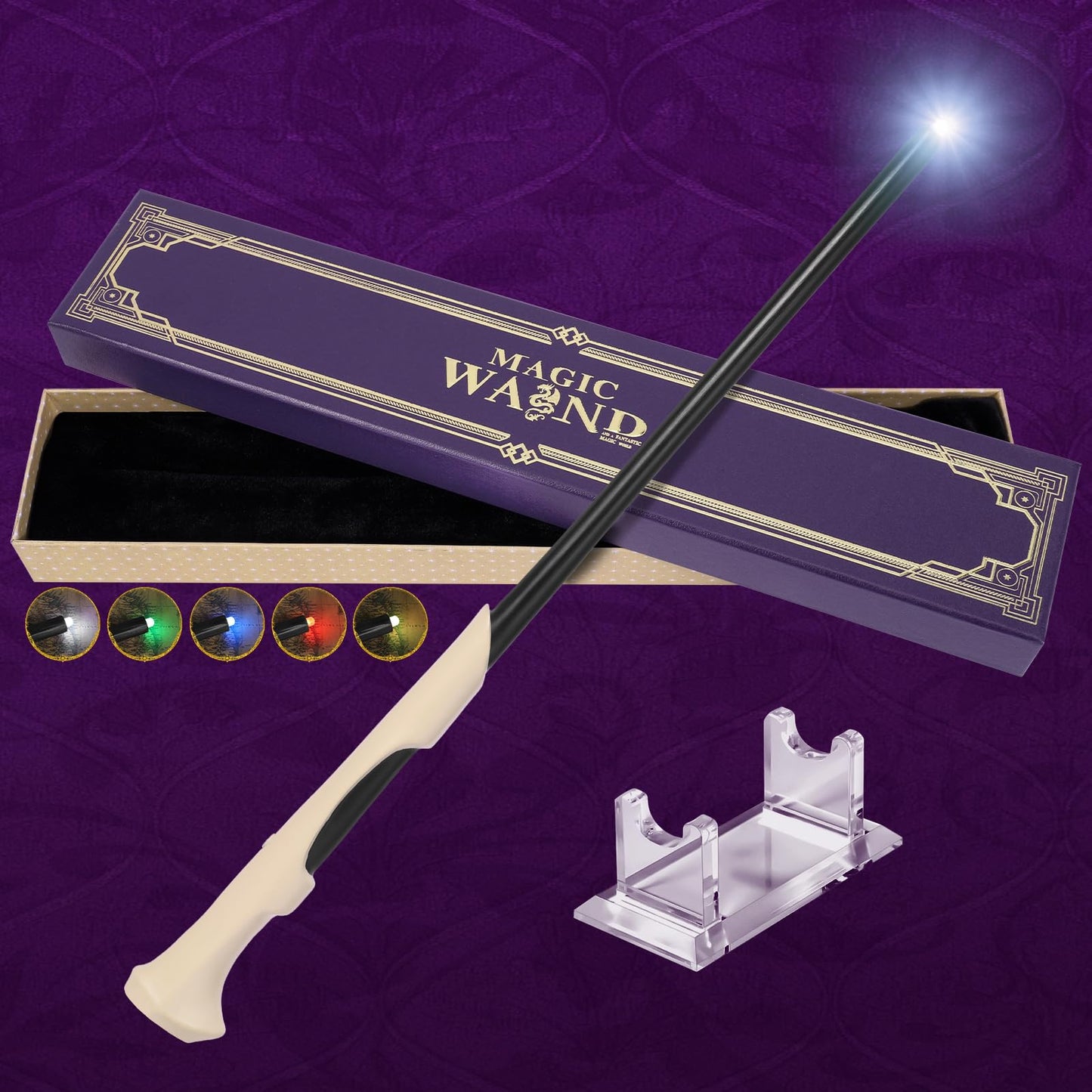 EnrichFun Light Up Wizard Magic Wand with 5 Static Color Lights Rechargeable LED Resin Witch Wands for Kids Cosplay Collection, with Acrylic Stand, (Bone)