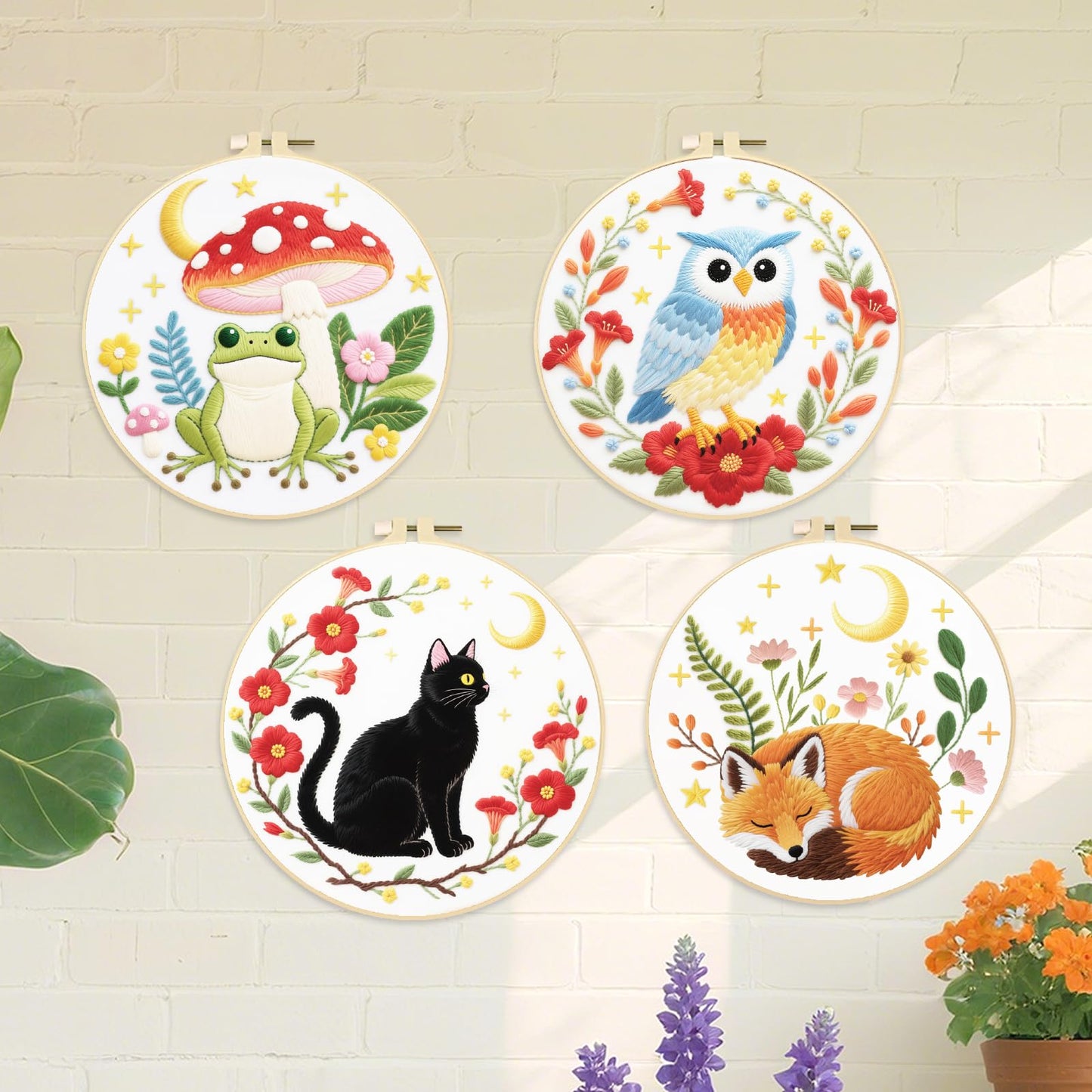 ORIGACH 4 Pack Animal Embroidery Kits Cat Frog Owl Fox Embroidery Sampler Kit Include Adjustable Hoops and Instruction Starter DIY Needlepoint for Adult Beginners