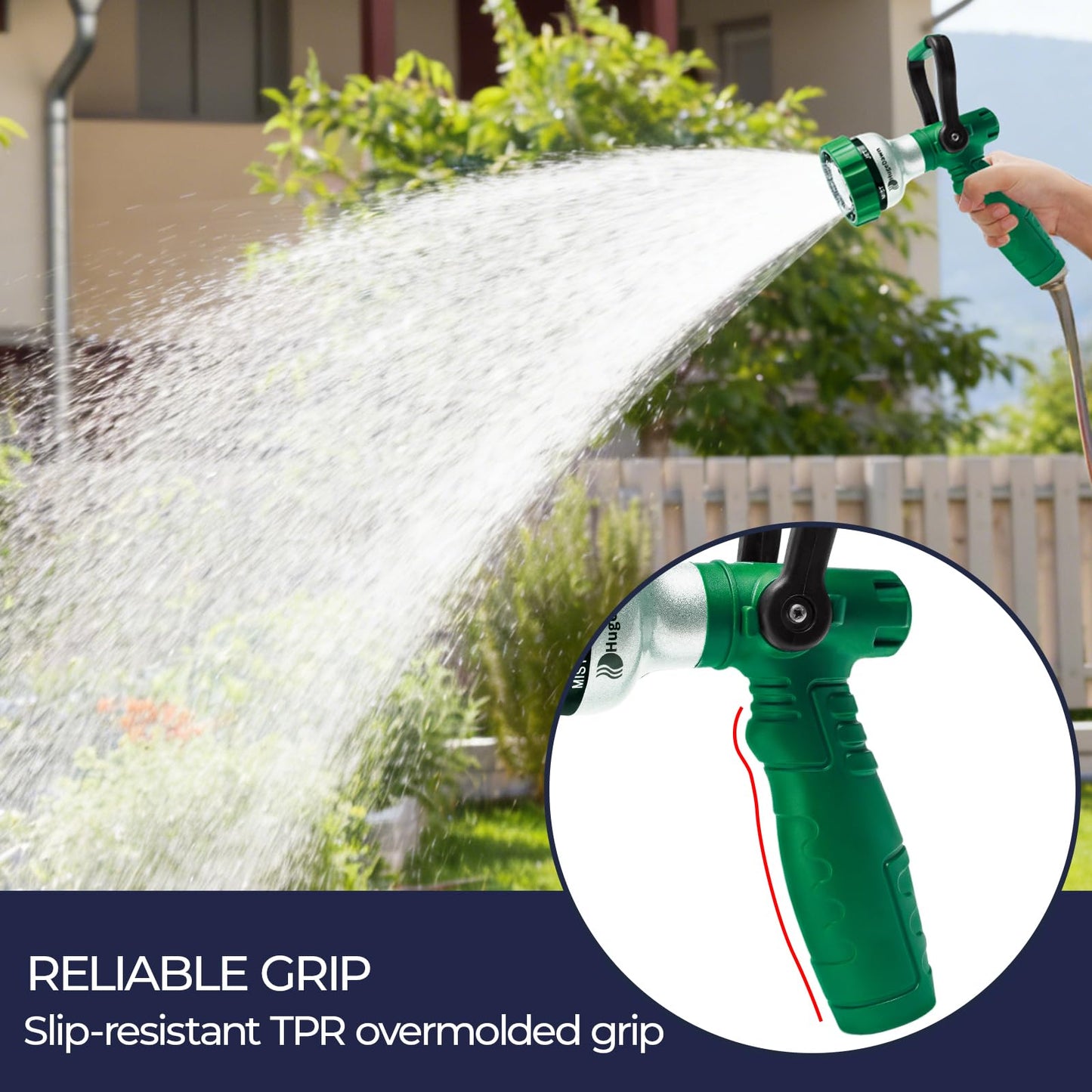 HugeDawn Garden Hose Nozzle, 6 Spray Patterns Heavy Duty Metal Water Nozzle with High Pressure for Watering, Cleaning, Washing (Green)
