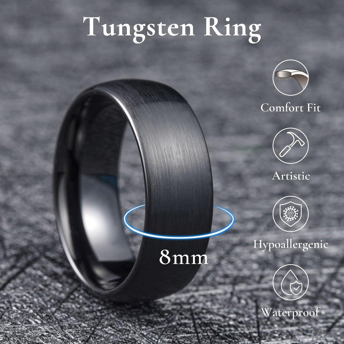 King Will 8mm Black Tungsten Carbide Ring for Men Women Engagement Wedding Band Domed Matte Brushed Finish Comfort Fit, Size 10.5