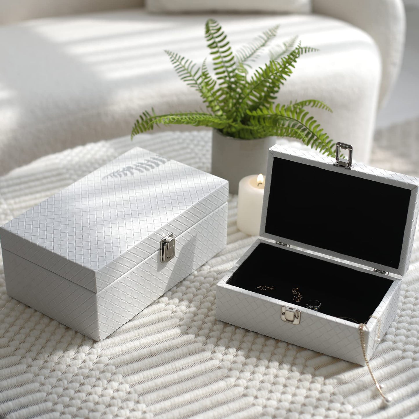 DECOR4SEASON Faux Leather Decorative Jewelry Storage Organizer Boxes Set of 2, White