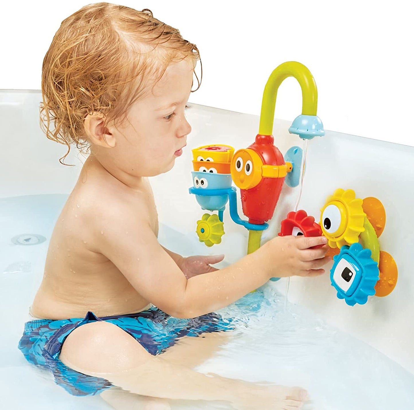 Yookidoo Bay Bath Toddler Toys (Ages 1-3) - 3 Stackable Cups, Spinning Gears, Hose & Spout for Water Play - Mold Free - Suction Cups Attach to Any Bath Tub or Shower - Spin N Sort Spout Pro