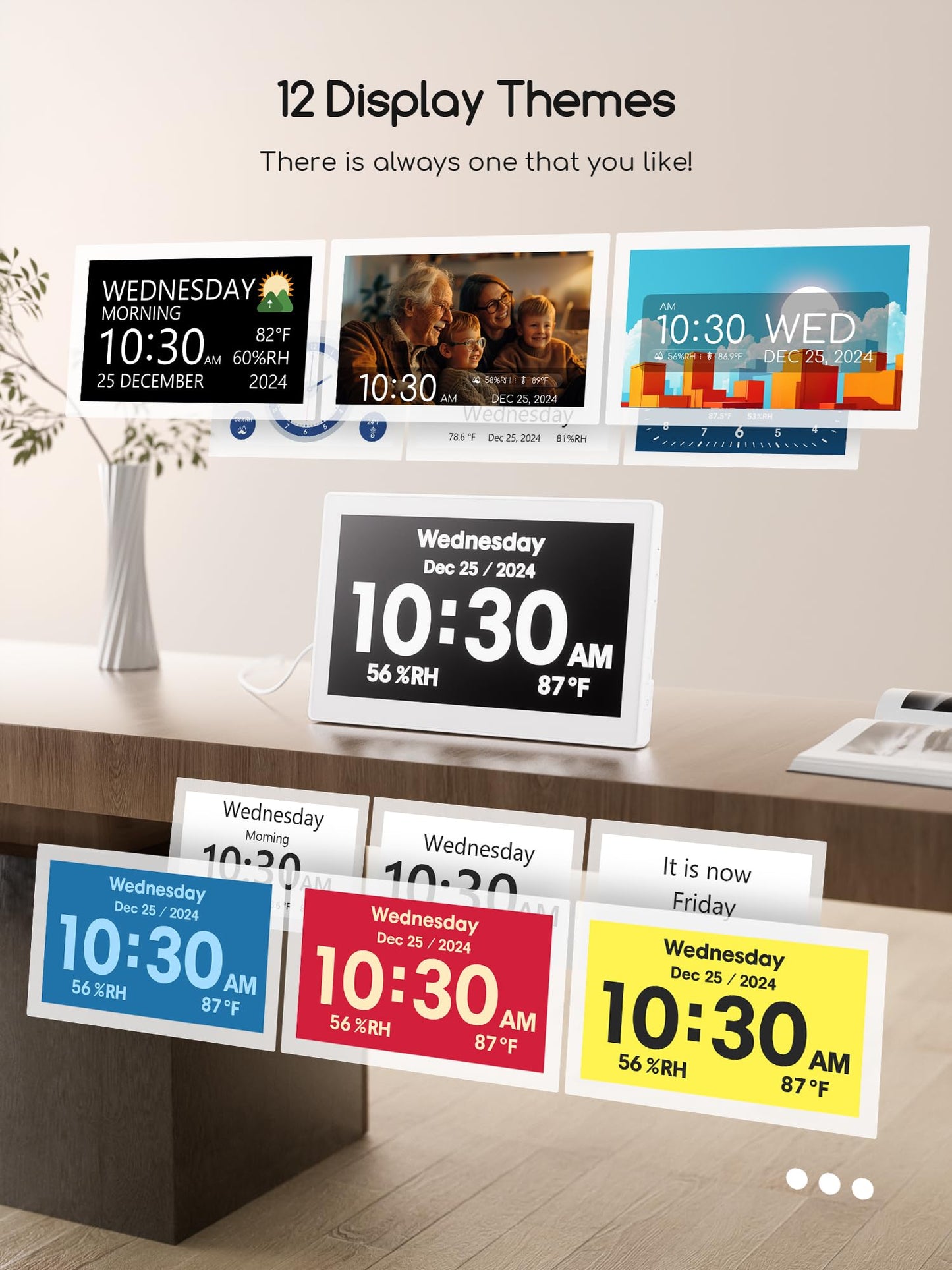 Raynic Digital Clock,10.1 Inch Large Display Calendar Clock with 12 Themes, 20 Alarms, 20 Reminders, Auto Dimming, 12/24 Hours for Seniors, Desk (White)