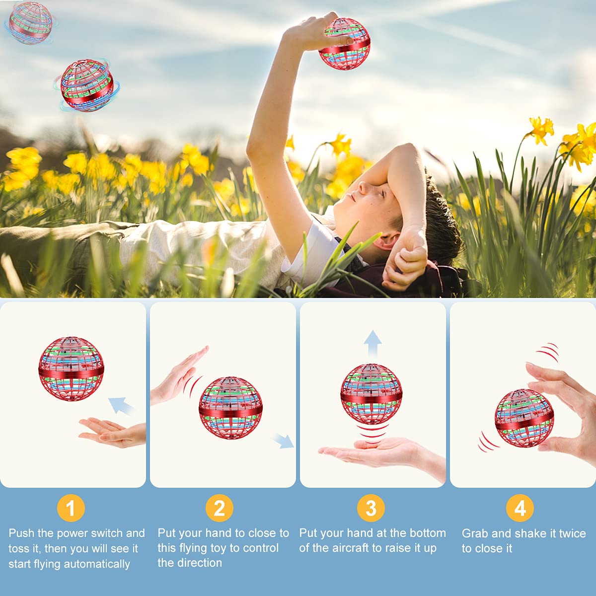 Flying Orb Ball Toys, Hand Controlled Flying Orb Magic Ball, RGB Led Lights Spinner, Drone Cool Toys Gift for 6 7 8 9 10 11 12+ Years Old Boy Girls Birthday 2-Pack