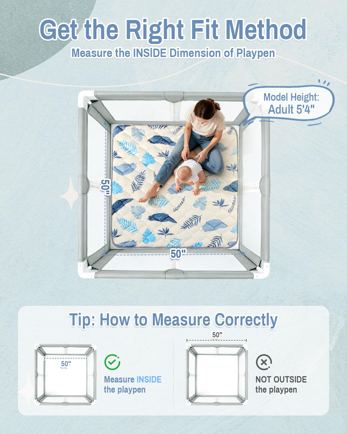 Baby Play Mat, 50x50 Thickened Playpen Mat, Non-Slip Baby Mat for Floor, Foldable Portable Playmat Suitable for babies learning to crawl and for travel