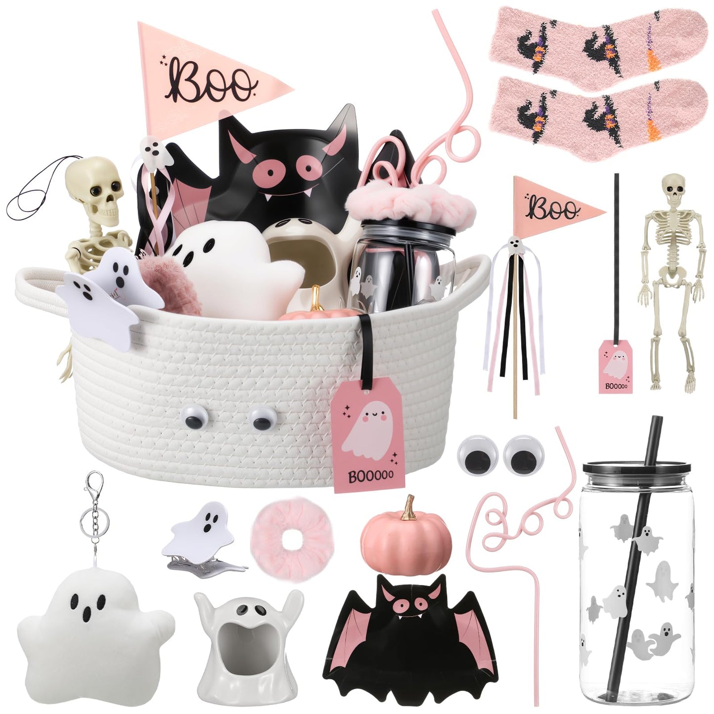 Reallnaive 12 Pcs Halloween Boo Gifts Basket Stuffers for Women Summer Halloween Spooky Ghost Cute Boo Basket Gifts Plastic Cups Paper Bat Plate Fuzzy Socks Skeleton Pendant for Her Sister Friends