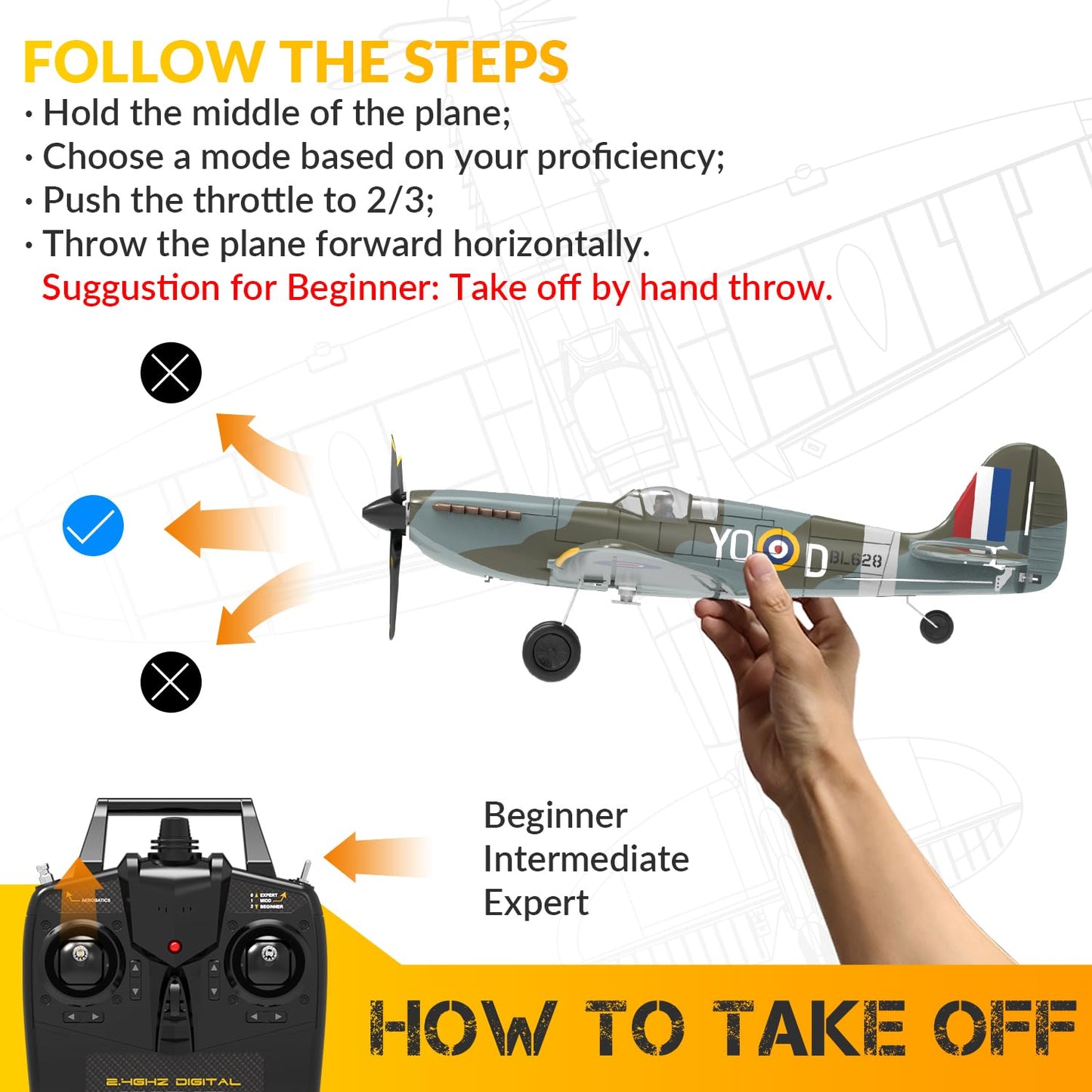 volantexrc RC Plane, 4 Channel Remote Control Airplane Fighter Spitfire RTF with Aileron, Gyro, Aerobatics & 3 Modes Easy to Fly, Hobby Radio Controlled Aircraft for Beginners & Adults (Blue)